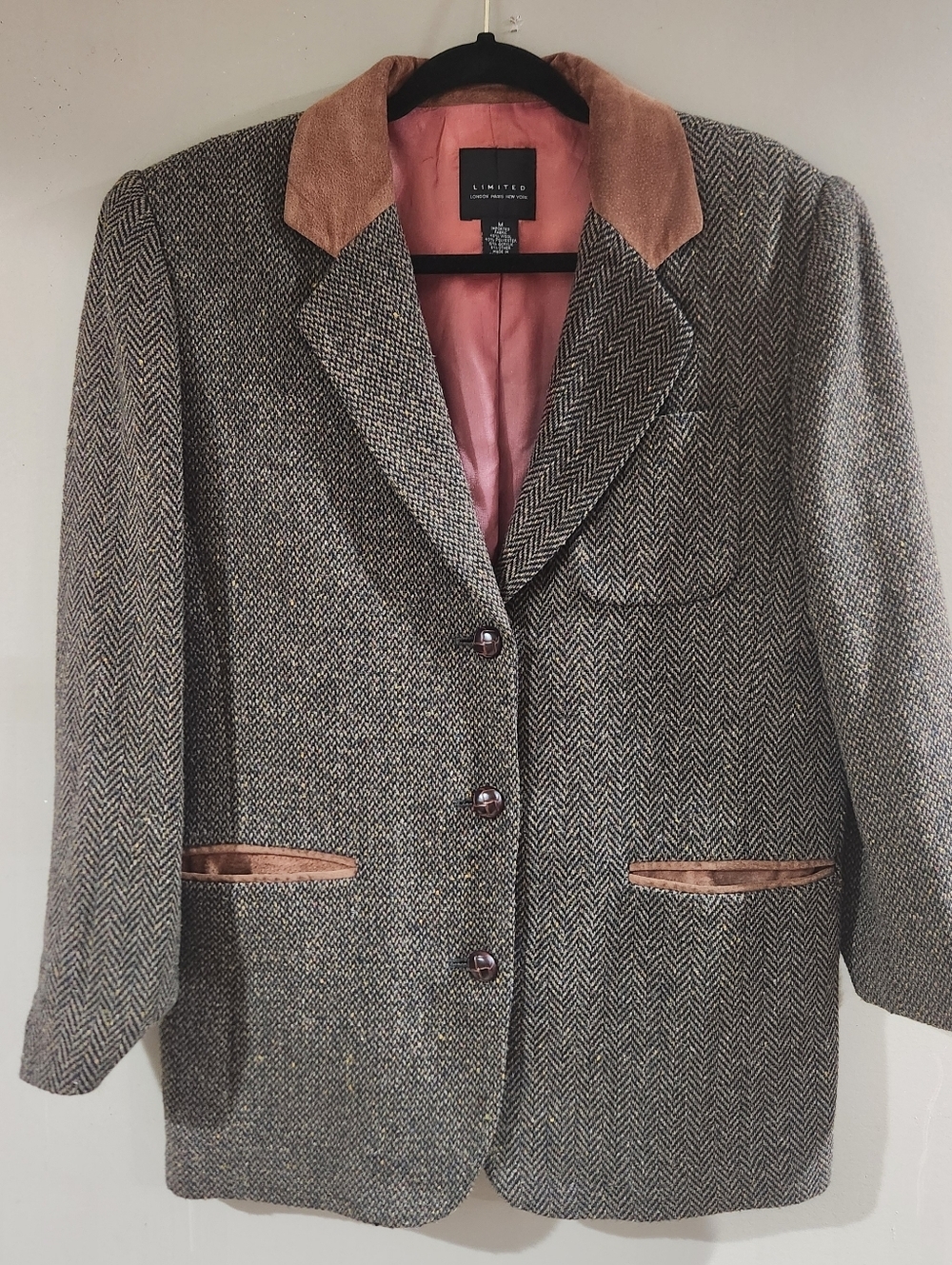 Vtg 1990s Limited Collection Herringbone Tweed Wool Suede Plaid Blazer Sz M